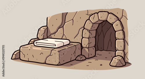 A hand-drawn illustration of a stone cave entrance with a flat stone slab, featuring a minimalist style