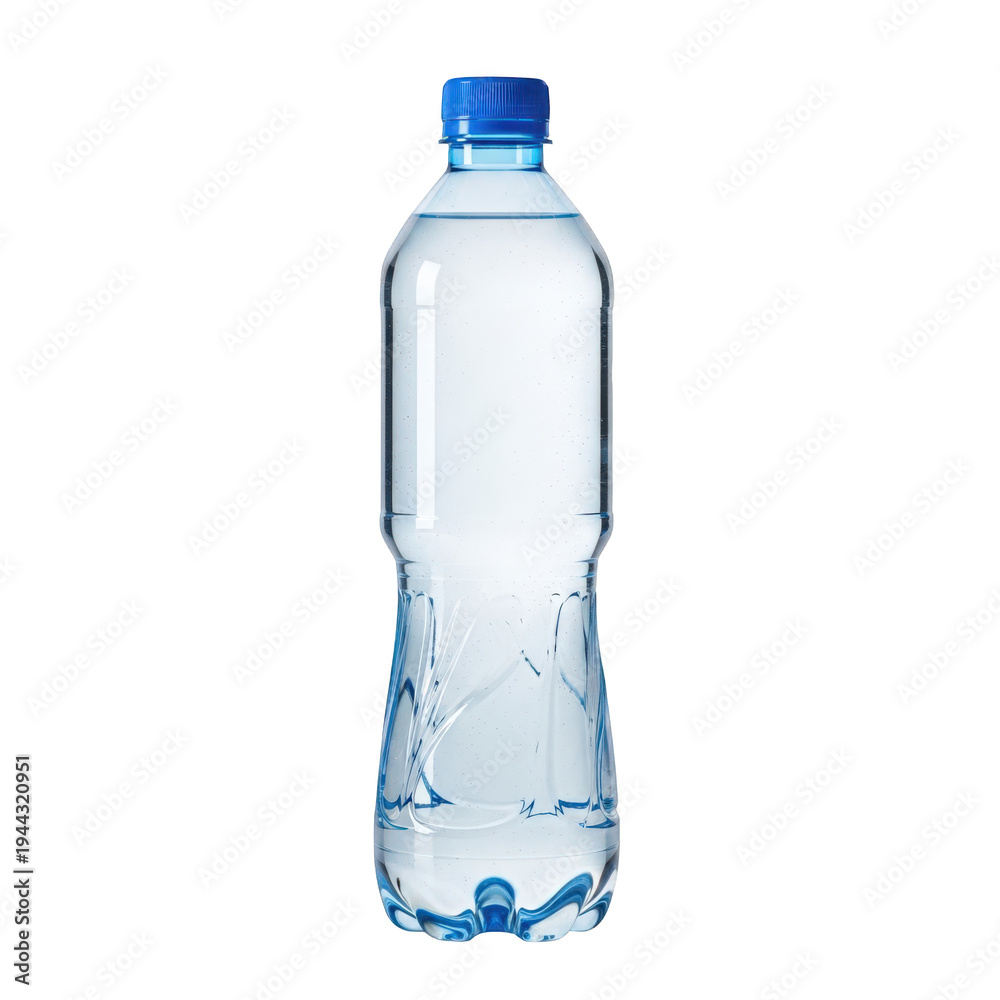 Fototapeta premium Plastic water bottle with blue cap and clear liquid isolated on transparent background