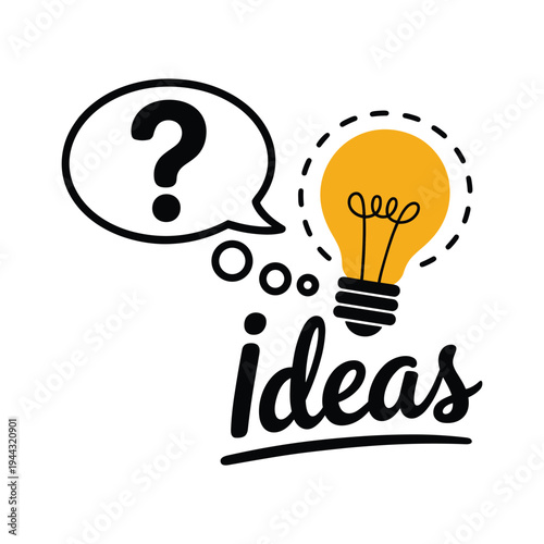 Yellow lightbulb with question mark in speech bubble and ideas text vector illustration isolated on white background
