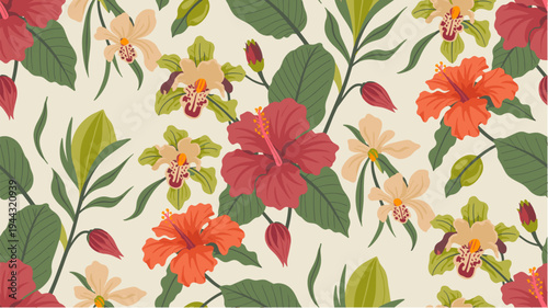 Floral pattern with tropical hibiscus and orchids with lush green leaves, for digital applications 