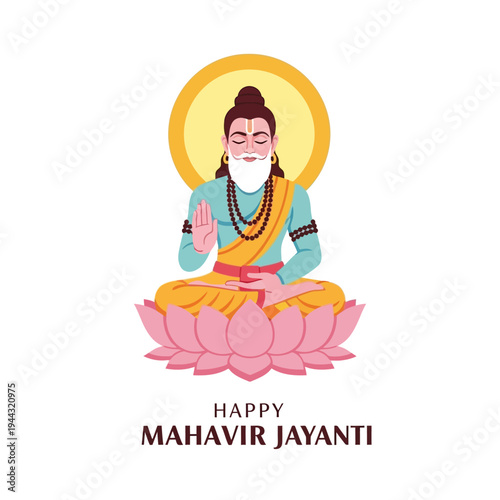Happy Mahavir Jayanti: Lord Mahavir Meditating on Lotus Flower, Jain Festival Celebration