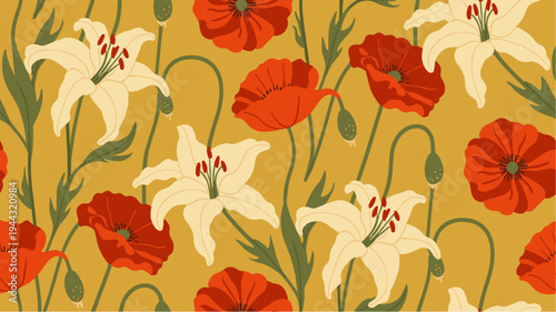 Seamless pattern with red poppies and cream lilies on mustard yellow background