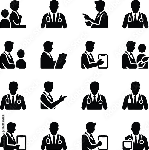 Doctor and medical professional icons: silhouette figures with stethoscopes with icon set with medical staff