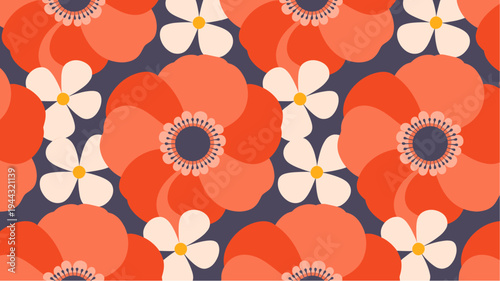 Seamless pattern with stylized poppies and daisies on navy background, for textile and digital applications