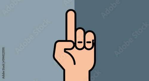 A minimalist illustration of a human hand with the index finger pointing straight up against a split grey background.