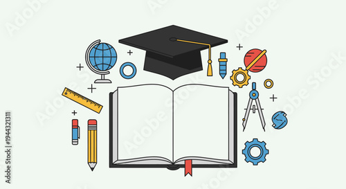 Educational illustration with a graduation cap, open book, globe, and various school supplies representing learning and knowledge.