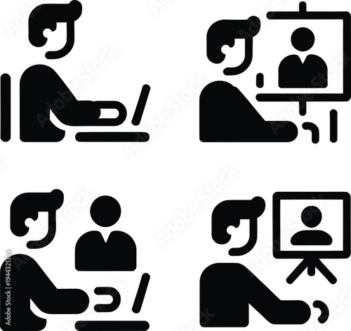 Online meeting and webinar icons: people working on laptops and presenting with remote work with virtual meeting