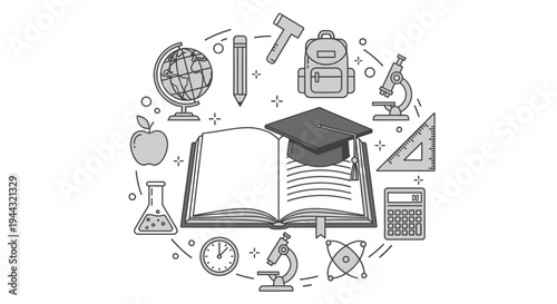 Open book with graduation cap surrounded by scientific and school icons, education and knowledge concept on bright studio background.