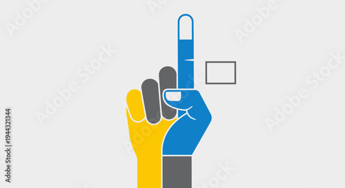 Abstract illustration of three hands, yellow, grey, and blue, with the blue index finger pointing up, showing a liquid level, next to a blank box, representing choice or a single vote.