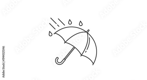 Line art illustration of an open umbrella with rain falling, symbolizing protection from wet weather.