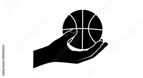 A black silhouette of a human hand holding a basketball, symbolizing sport, play, and achievement.