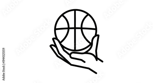 Simple line art illustration of a human hand gently cradling a basketball, symbolizing sport, play, and care.