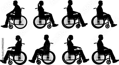 Black, silhouettes, of, disabled, men, and, women, in, manual, wheelchairs, shown, in, profile, sitting, poses, isolated, on, white, background, vector