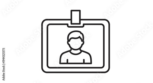 Line art icon of an identification badge with a generic person silhouette and a clip at the top, representing identity, access, or employee status.