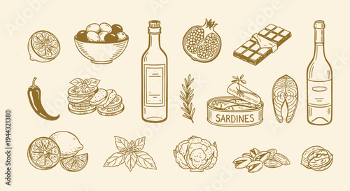 Mediterranean lunch and dinner doodle icons. Pasta, olive, pizza, cheese, tomato, lemon, wine. Dolce vita aesthetics. Hand drawn doodle elements collection