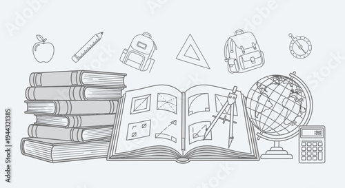 Stack of books, open book with educational elements, globe, calculator, and school supplies in doodle style on bright studio background.