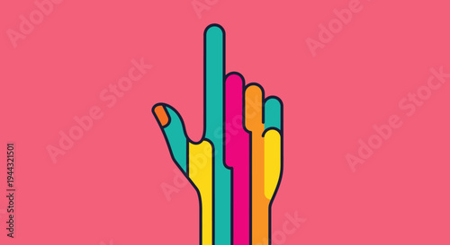 A vibrant, colorful, stylized hand with fingers pointing upwards against a pink background, resembling a digital cursor or a gesture of connection.