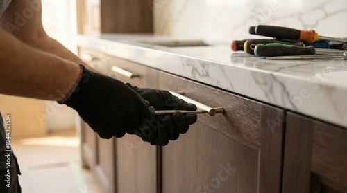 Close-up shot of a skilled worker's gloved hands meticulously installing a sleek golden handle onto a modern dark wood kitchen cabinet, highlighting precision in home renovation and interior design
