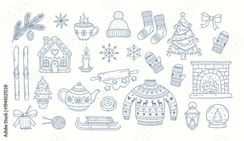 Hand drawn doodle ski essentials collection. Winter activities. Essentials set featuring warm apparel and cozy items for cold weather comfort