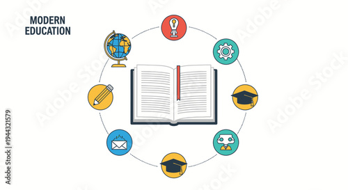 Modern education concept with an open book surrounded by various learning and knowledge icons.
