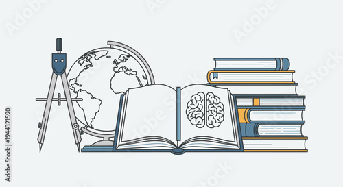 An illustration depicting various symbols of education, knowledge, and intellectual development, including a compass, a globe, an open book with a brain, and a stack of books.