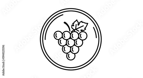 Black and white outline icon of a bunch of grapes with a leaf inside a double circle.