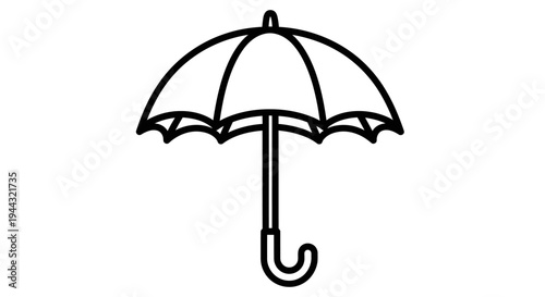 Simple black and white line art illustration of an open umbrella with a curved handle, depicting a common weather accessory.