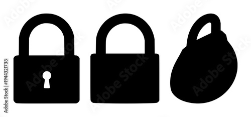 Padlock set with solid black silhouette of heavy-duty industrial padlock in an open position featuring security, access, industrial with black and white