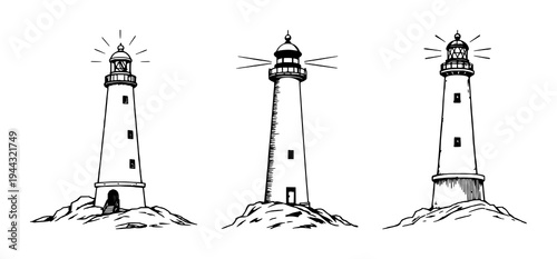 Lighthouse set with detailed woodcut style illustration featuring light beams, nautical safety, black ink with white background and classic design