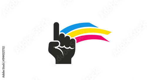 Black hand with index finger pointing up, featuring blue, yellow, and pink stripes, symbolizing pansexual pride on a white background.