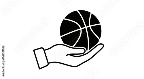 A simple black and white outline icon showing a human hand holding a basketball, representing sports, play, or a game.