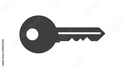 A simple dark grey silhouette of a generic house key on a plain white background.