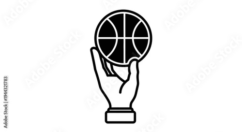 A black and white line art illustration of a hand holding a basketball, symbolizing sports, achievement, or a game.