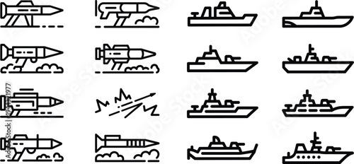 Military vehicle icons: tanks, missile launchers, and artillery systems, missile launcher, icon set