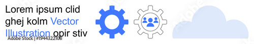 Teamwork, data sharing, cloud storage, digital cooperation, automation, file management. Blue gear, network icon and cloud symbol. Teamwork and data sharing concept
