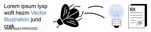 Creativity, innovation, pests, medical prescriptions, movement, biology. A flying insect, a glowing lightbulb and a prescription document. Creativity and innovation conceptually