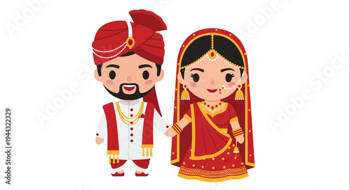 Indian Wedding Couple Vector Illustration, Cultural Celebration Design, Love and Marriage