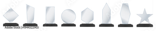 Blank acrylic trophy PNG isolated on transparent background, glass award, 3D crystal plate, realistic display for winner, first place, champion, achievement vector