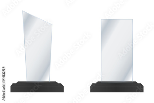 Acrylic glass trophy PNG set, 3D crystal awards, transparent background, blank winner prizes, vector illustration for first place, champion, premium achievement