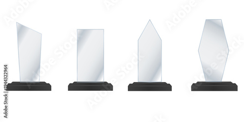Realistic 3D glass trophy PNG isolated, acrylic award, crystal prize, transparent background, blank plate for first place, champion, winner, vector display