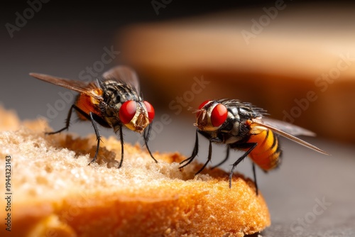 Wallpaper Mural Extreme Close-Up of Houseflies Feeding on a Slice of Moldy Bread in Macro Detail Torontodigital.ca
