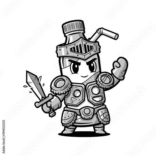 Cartoon Knight Bottle Warrior with Sword and Armor, Fantasy Character
