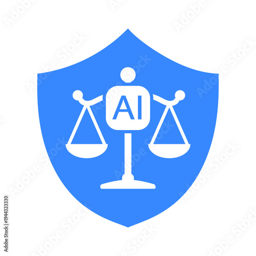 AI Governance Shield and Balance Scale Icon – Artificial Intelligence Regulation, Ethics, Security and Compliance Concept