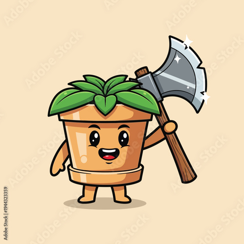 Cute cartoon plant pot character holding a shiny axe, funny gardening concept