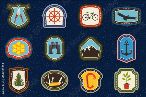 Set of Scout badge with ship helm, anchor marine, growing seedling, honeycombs, mountains, bicycle. Vector. Merit patch, sticker for camping outdoor and academic activities
