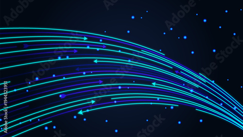 Futuristic Digital Data Flow Background with Neon Arrow Lines and Glowing Particles, Abstract Technology Network Motion Concept Vector