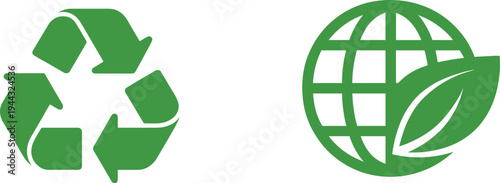 Ecology and environmental protection icons set, green recycling symbol and global earth with leaf