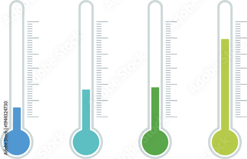 Weather thermometers icons set with different temperature levels, measurement scale, climate control and heat indicators