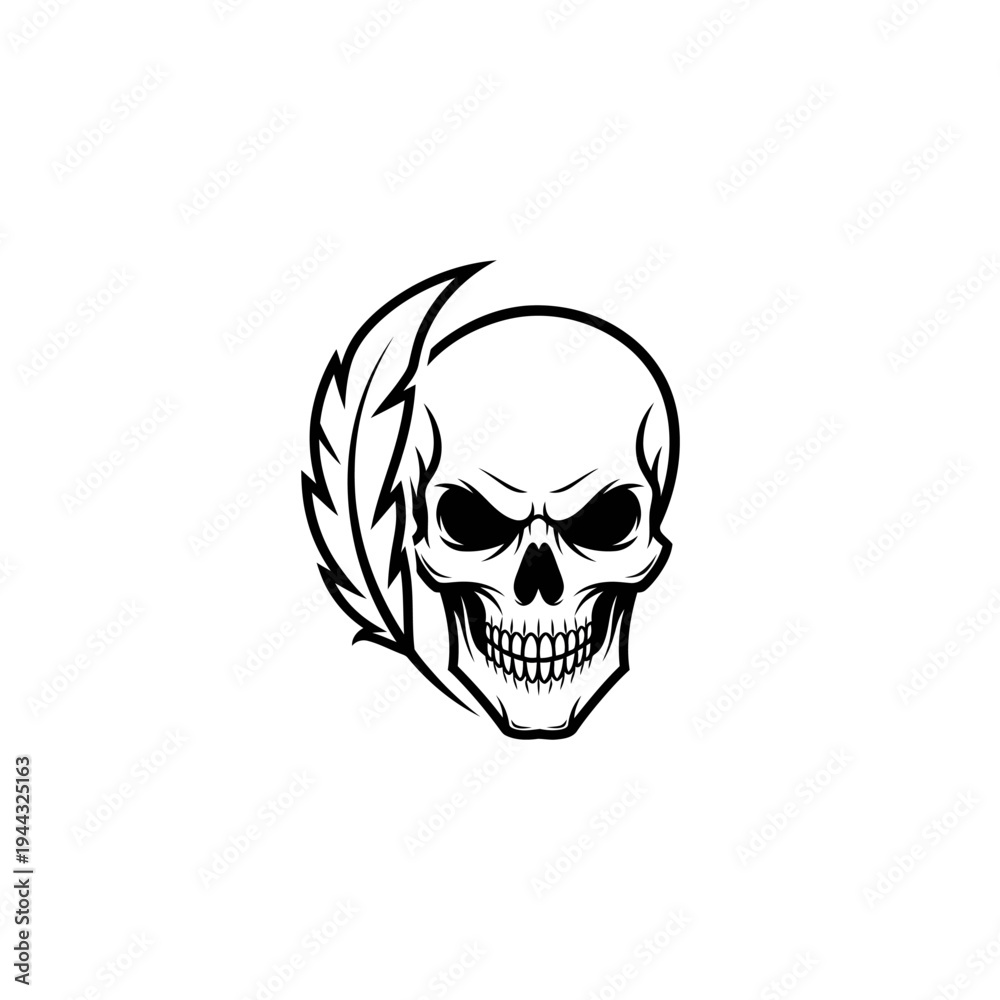 Obraz premium Skull with Feather - Dark Gothic Art, Tattoo Design, Emblem