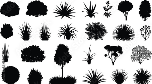 Tree and plant silhouettes vector collection, bushes grass botanical foliage icons set, black nature landscape elements isolated, flat vector illustration